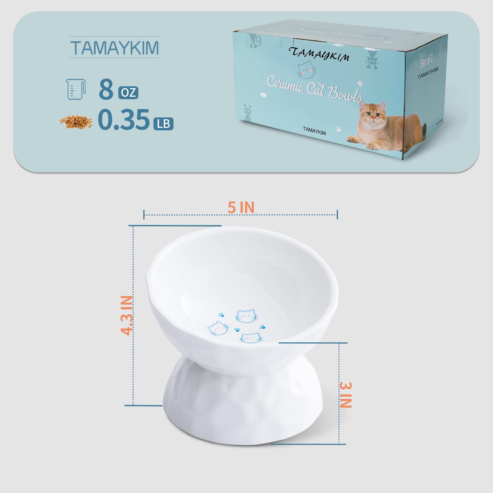 Tamaykim Ceramic Tilted Cat Bowls, 8 Oz, 5 Inch, Set Of 2, White & Mint Green