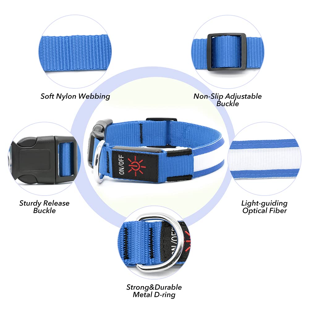 Bseen Light Up Dog Collars - Reflective Led Dog Collar, Rechargeable Dog Glow Collar, Waterproof Glowing Dog Collar Lights For Night Walking (Royal Blue, Large)