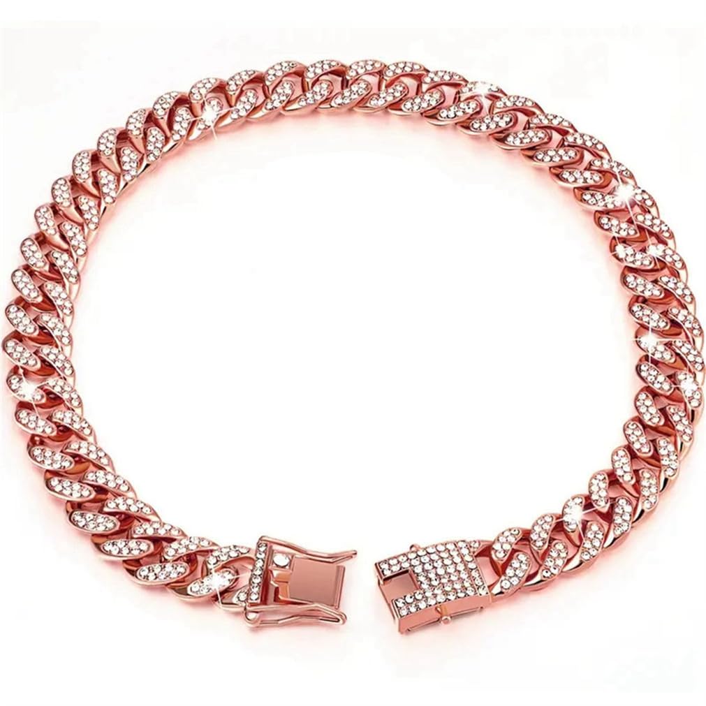 Rose Gold Dog Necklace Collar,Dog Chain Collars,Cuban Link Dog Collar, Diamond Necklace Metal Bling Choke, 13Mm Wide Pet Jewelry