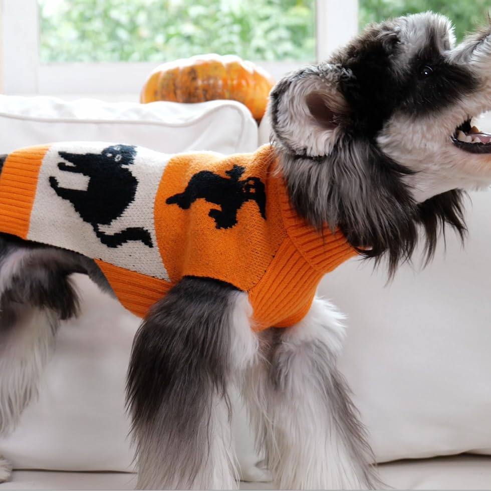 Cutebone Halloween Dog Sweater For Small Medium Dogs Ghost Knit Turtleneck Pet Winter Clothes Cat Apparel With Harness Hole