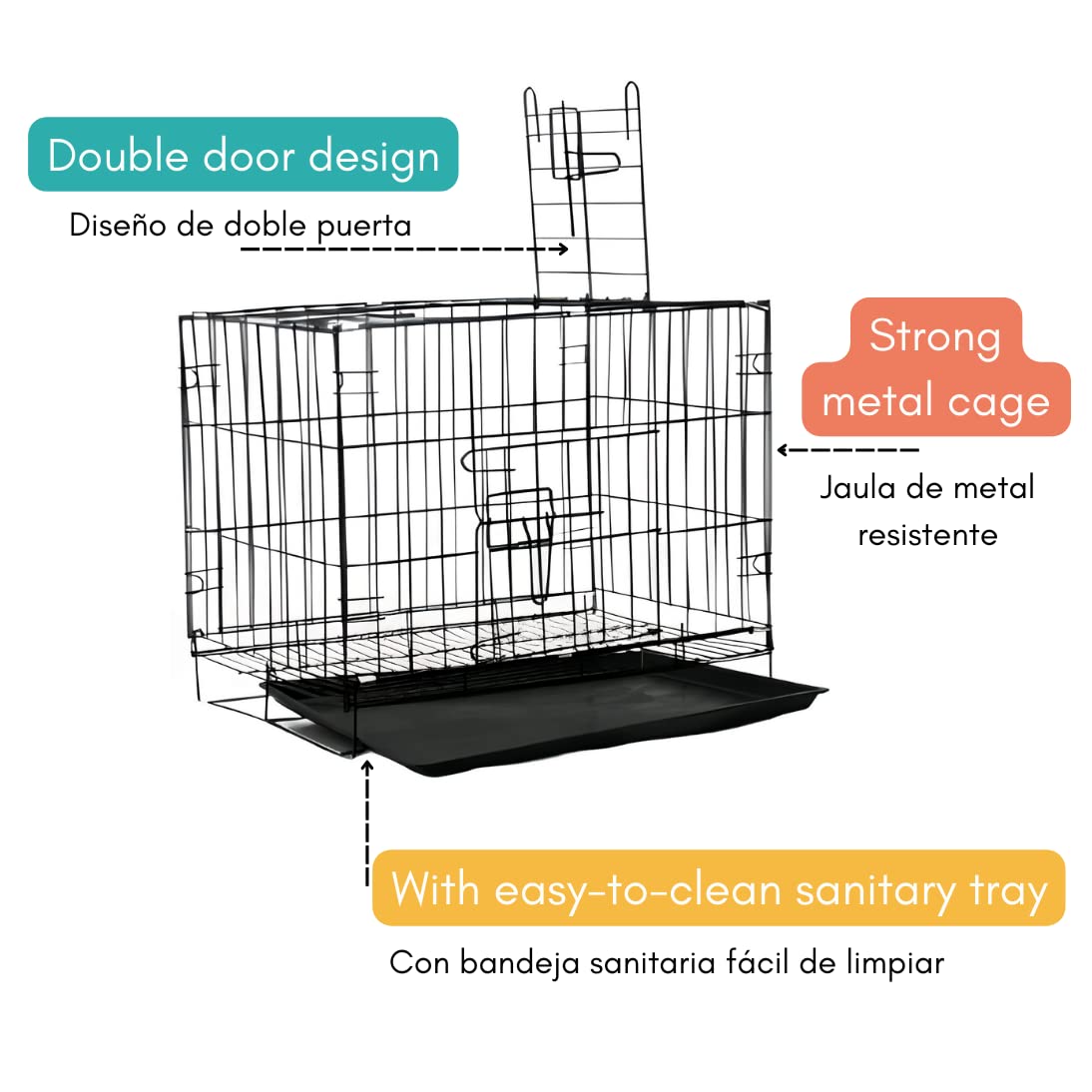 Polipets Steel Pets Cage, 19'X24'X16' Medium Size, For Pets, Heavy Duty Lightweighy Steel Material, Two Doors, With Removable Tray And Easy To Transport, Black
