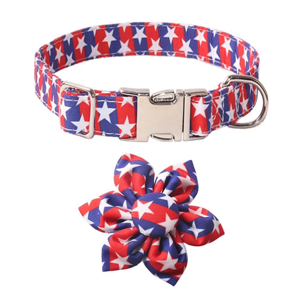 Bnibol 4Th Of July American Flag Dog Collar, Red Blue Flower Bow Tie Dog Collar With Metal Adjustable Buckle,Soft And Comfortabl
