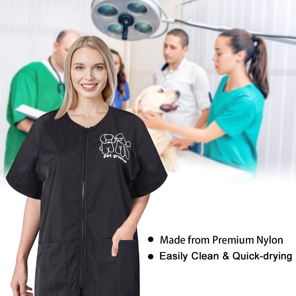 Noverlife Short Sleeves Pet Grooming Work Clothes With Full Zipper, M Size, Splash Proof Anti-Static Pet Beautician Smock, Dog Cat Groomer Cosmetologist Uniforms For Pet Shop Men Women