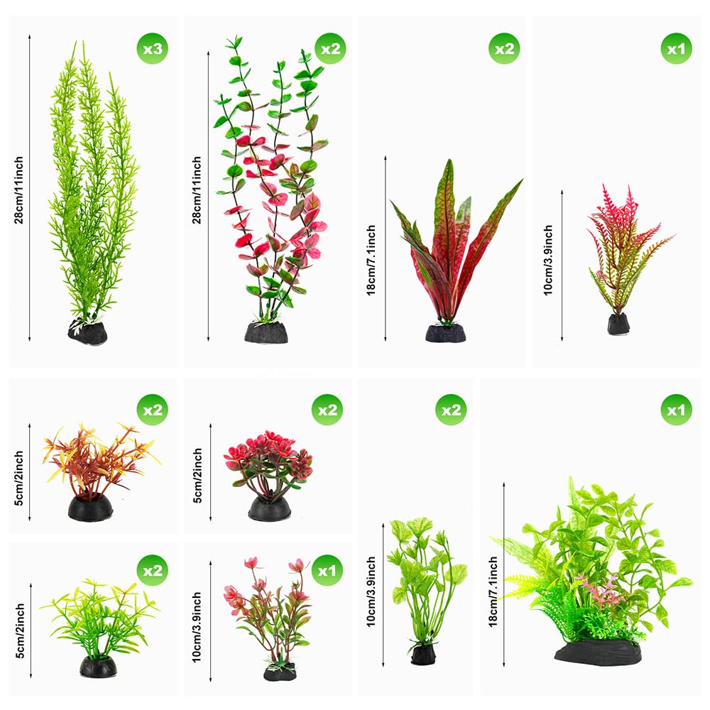 ViiWxx 18-Piece Artificial Aquarium Plants Decorations - Large Set with Red & Green Foliage, Fish Tank Decor for Betta, Goldfish