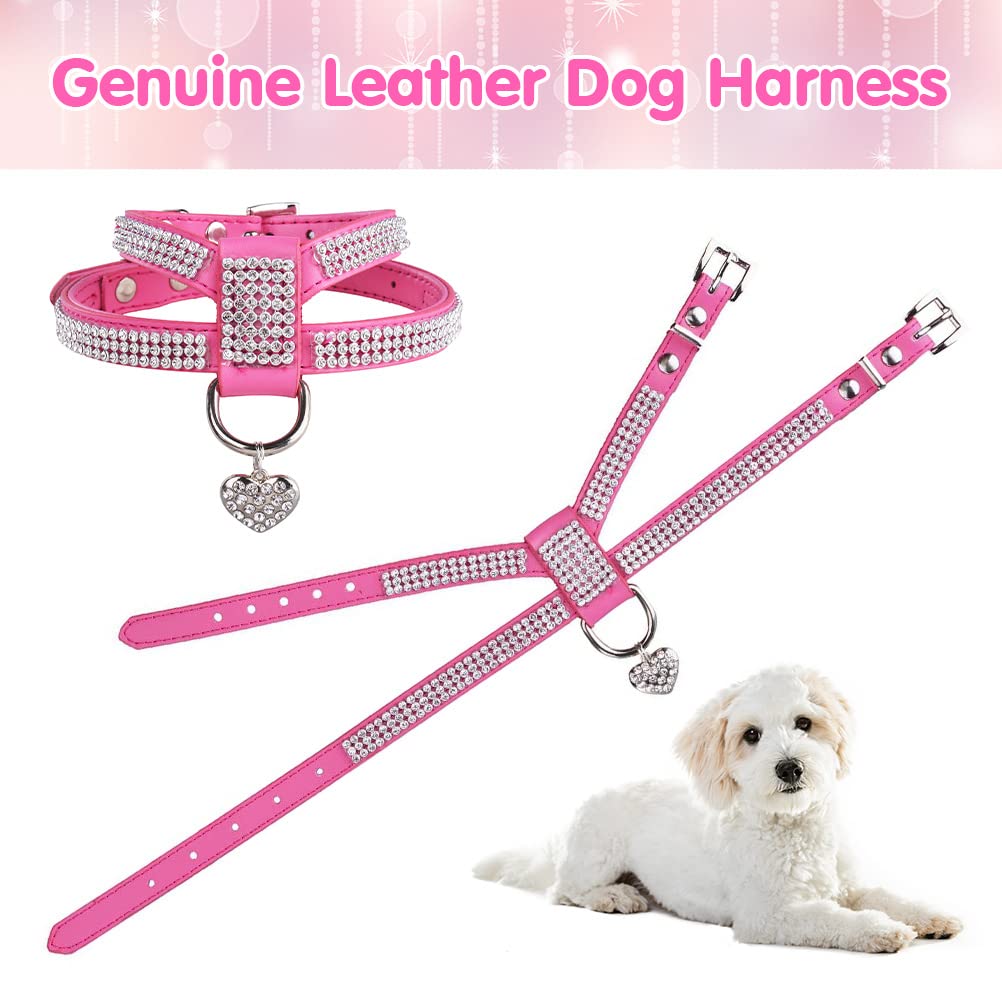 Expawlorer Pet Harness-Rhinestone Bling Small Cat Harness With Heart Pendant, Soft Genuine Leather Padded Dog Harness Small Sized Dog For Puppy Cat, Pink
