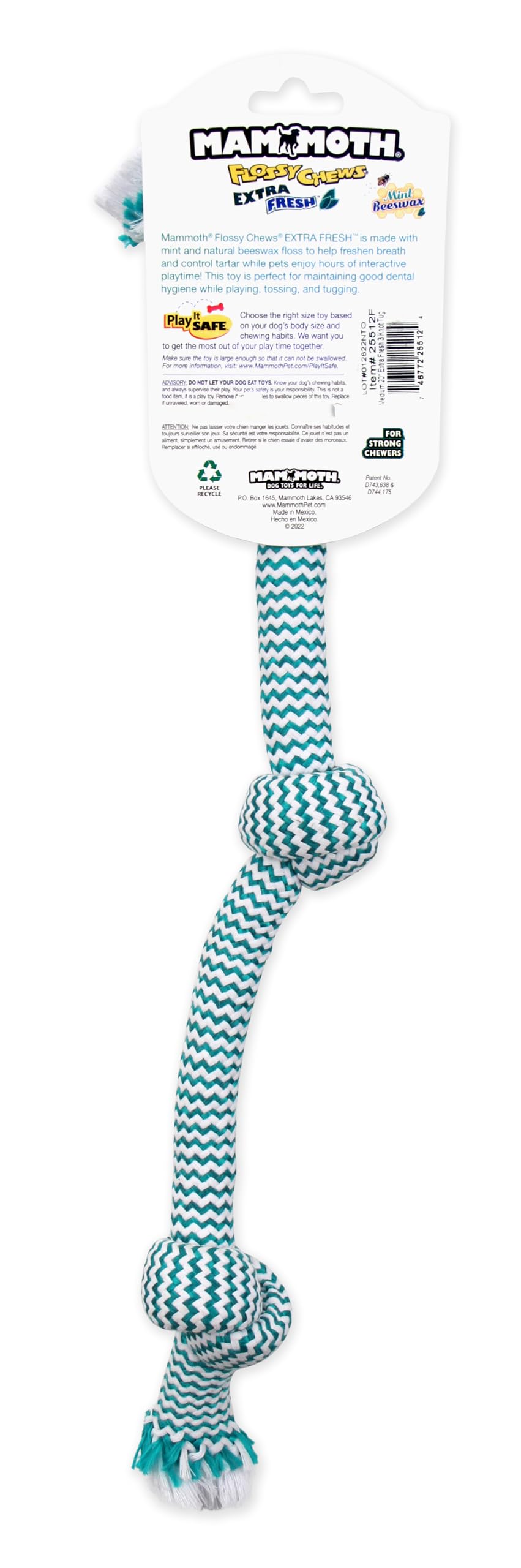 Mammoth Flossy Chews Extra Fresh 3 Knot Tug - Premium Cotton-Poly Yarn With Dental Floss Tug Toy For Dogs - Interactive Dog Rope Toy - Tug Dog Chew Toy For Medium Dogs - Medium, 20”