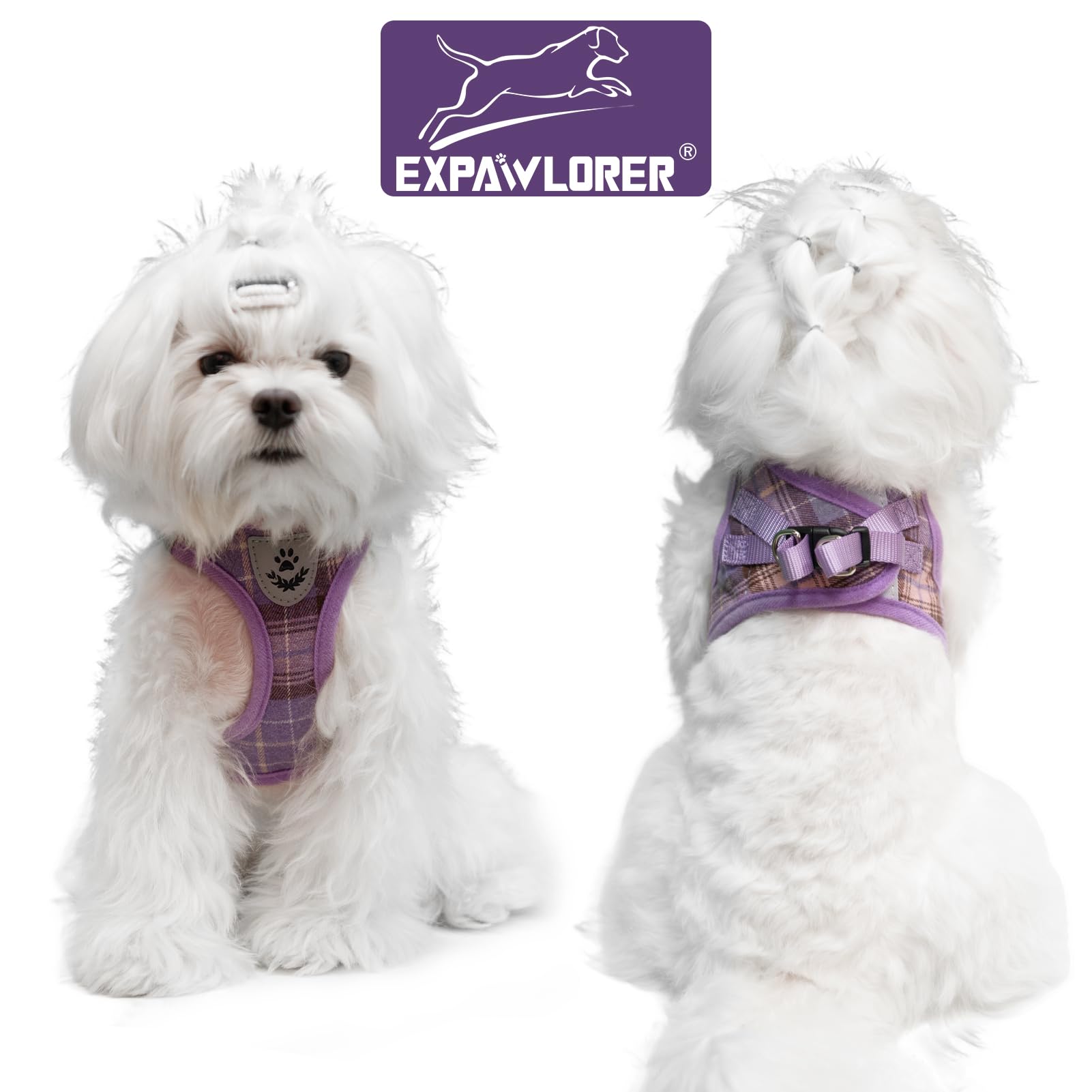 Expawlorer Dog Harness And Leash Set - Classic Plaid Step In Dog Harness With Adjustable Dog Collar, Soft Dog Vest Harness No Pull, Reflective Escapeproof For Training Outdoor Walking, Purple M