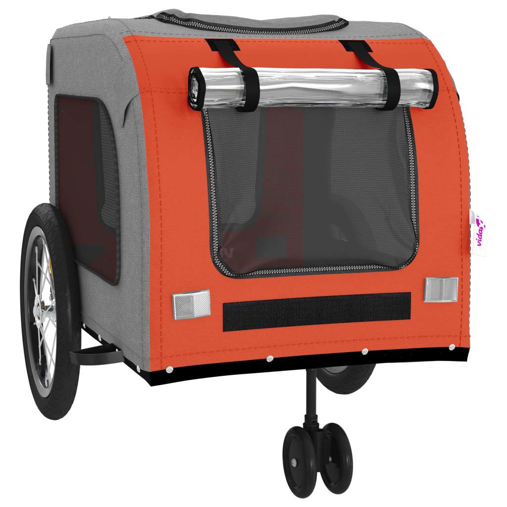 vidaXL Pet Bike Trailer - Orange/Gray, Oxford Fabric & Iron Frame, Maximum Load 99.2 lb, Safe Travel Reflectors & Flag, Mesh Windows, Zipper Access