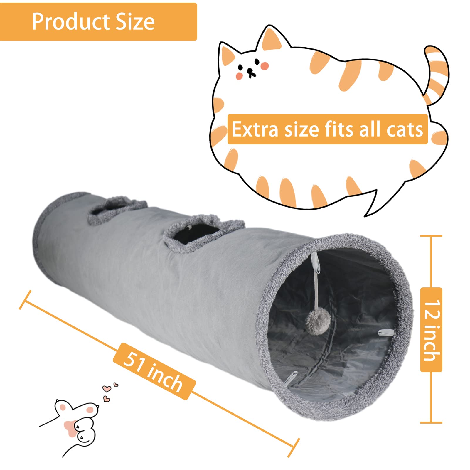 Terunat Cat Tunnel For Indoor Cats, 51×12 Inch Foldable Big Cat Tunnel, Brown Suede Pet Tunnels With Two Peepholes And A Bubble Ball