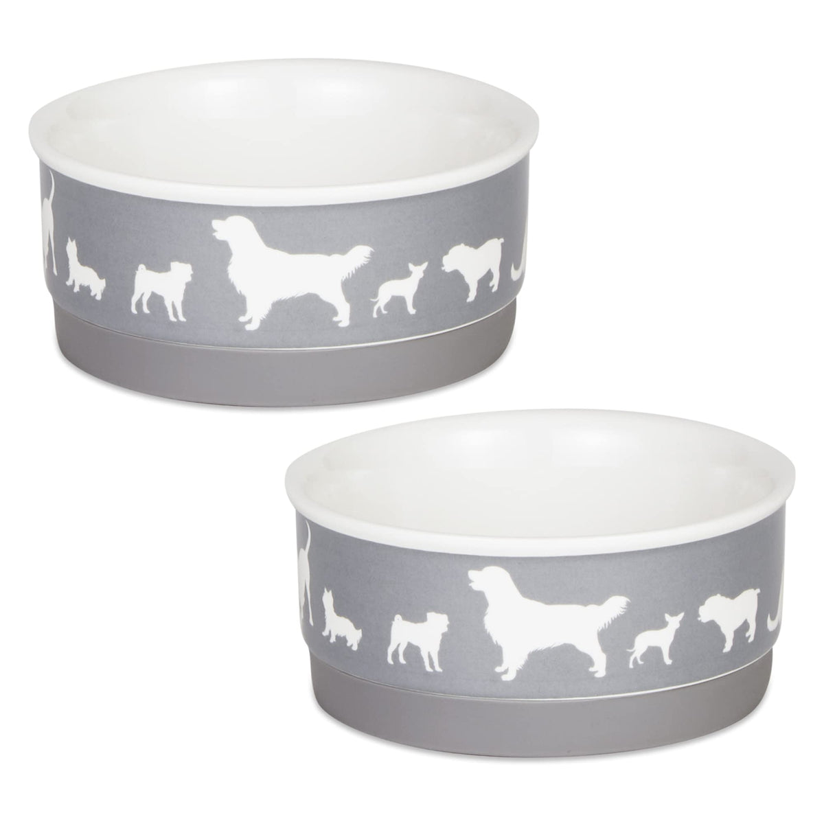 Bone Dry Ceramic Dog Food & Water Bowl Set, Removeable Non-Skid Ring Bottom, Microwave & Dishwasher Safe, Small, 4.25x2, Gray, 2 Count