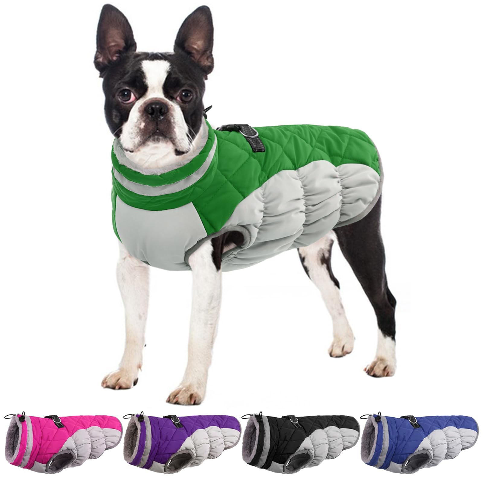 Ouobob Dog Jackets For Medium Dogs,Medium Dog Coat,Warm Dog Winter Coat Zip Up Back,Waterproof Dog Jacket With D-Ring,Dog Cold Weather Coats With Fleece Lined, Dog Snowsuit Pug Boston Terrier Green M