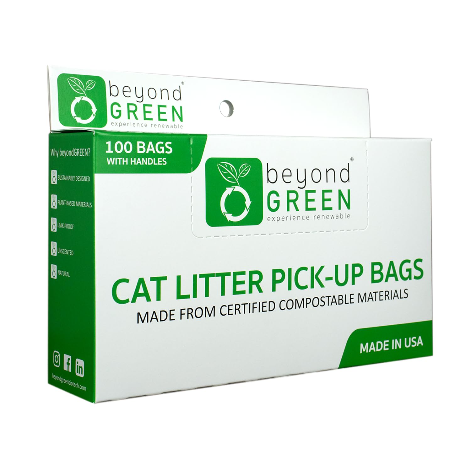 beyondGREEN Plant-Based Cat Litter Poop Waste Pick-Up Bags with Handles - 100 Bags - 8 in x 16 in