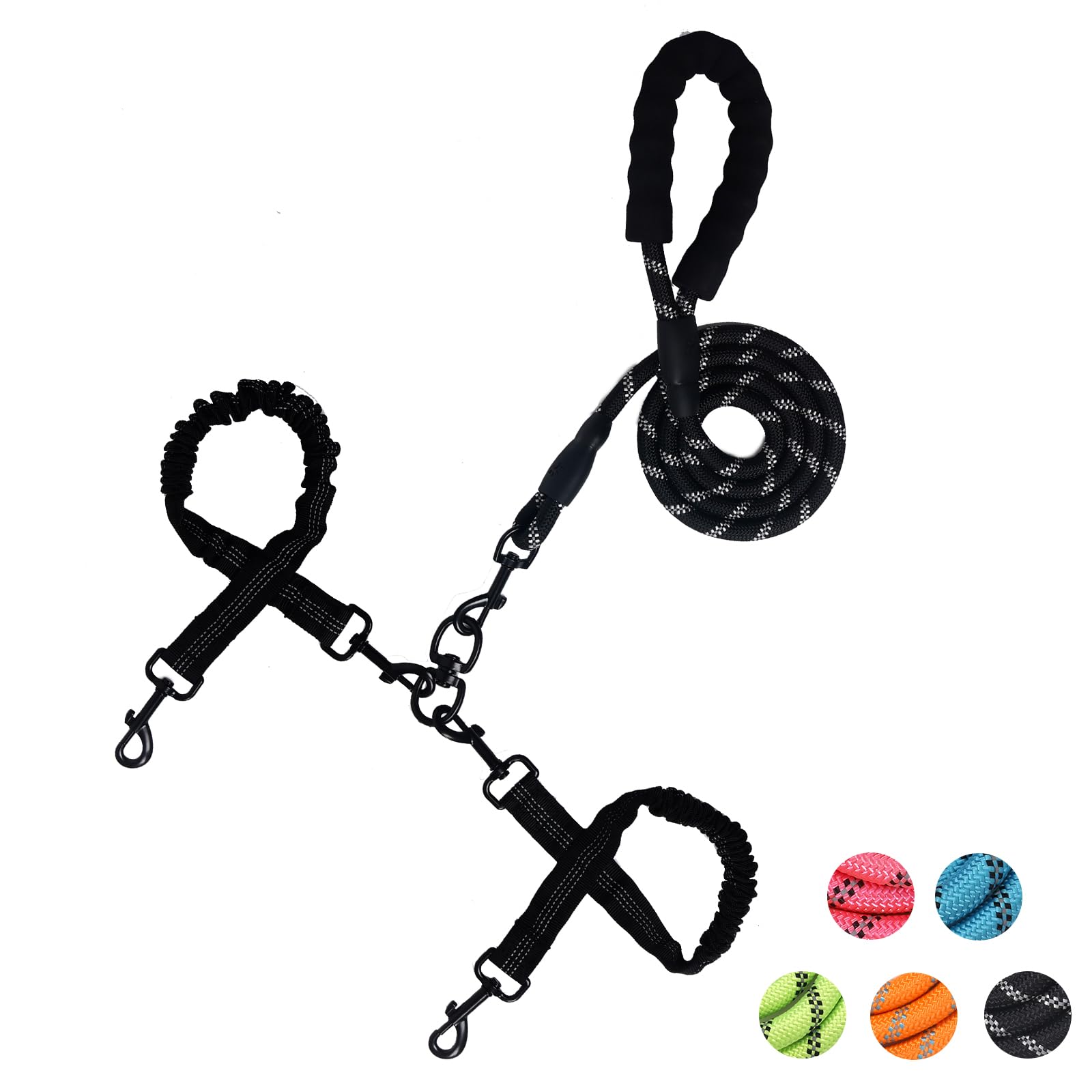 2 Way Dog Leash,No Tangle For Two Dogs, 3 In 1 Dog Leash With 360 Swivel, Shock Absorbing, Reflective Threads Comfort Foam Handl