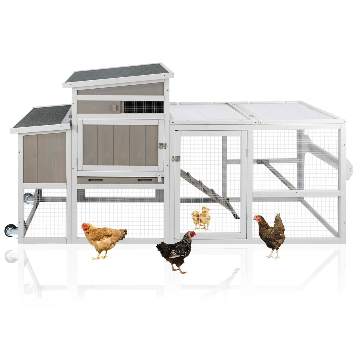 PetsCosset Chicken Coop with Run, Mobile Hen House with Wheels, Indoor/Outdoor Rabbit Hutch, Predator-Resistant, Nesting Box, 3 