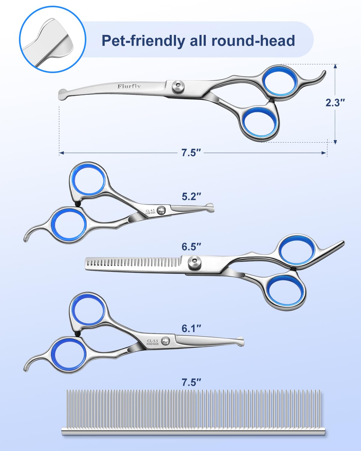 Fiurfiy 6-In-1 Dog Grooming Scissors - Professional Stainless Steel Hair Cutting Kit With Safety Rounded Tips, Ergonomic Soft-Gr