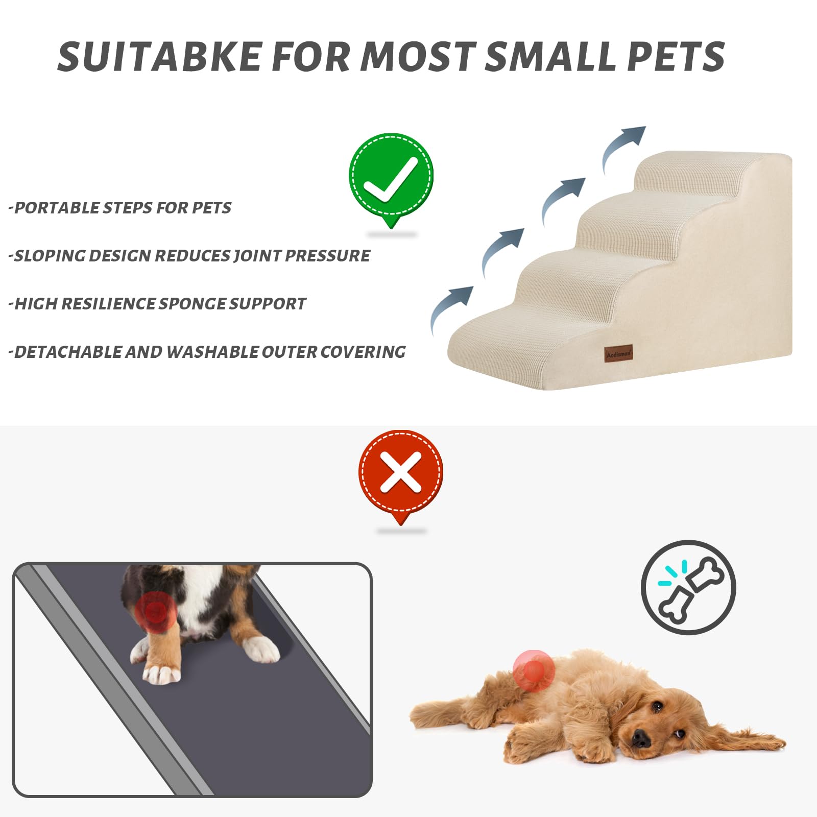Aodisman 4-Step Dog Stairs and Ramp for Beds or Couches,Non-Slip Sturdy Pet Steps for Small Dogs and Cats,17.4 H,Beige
