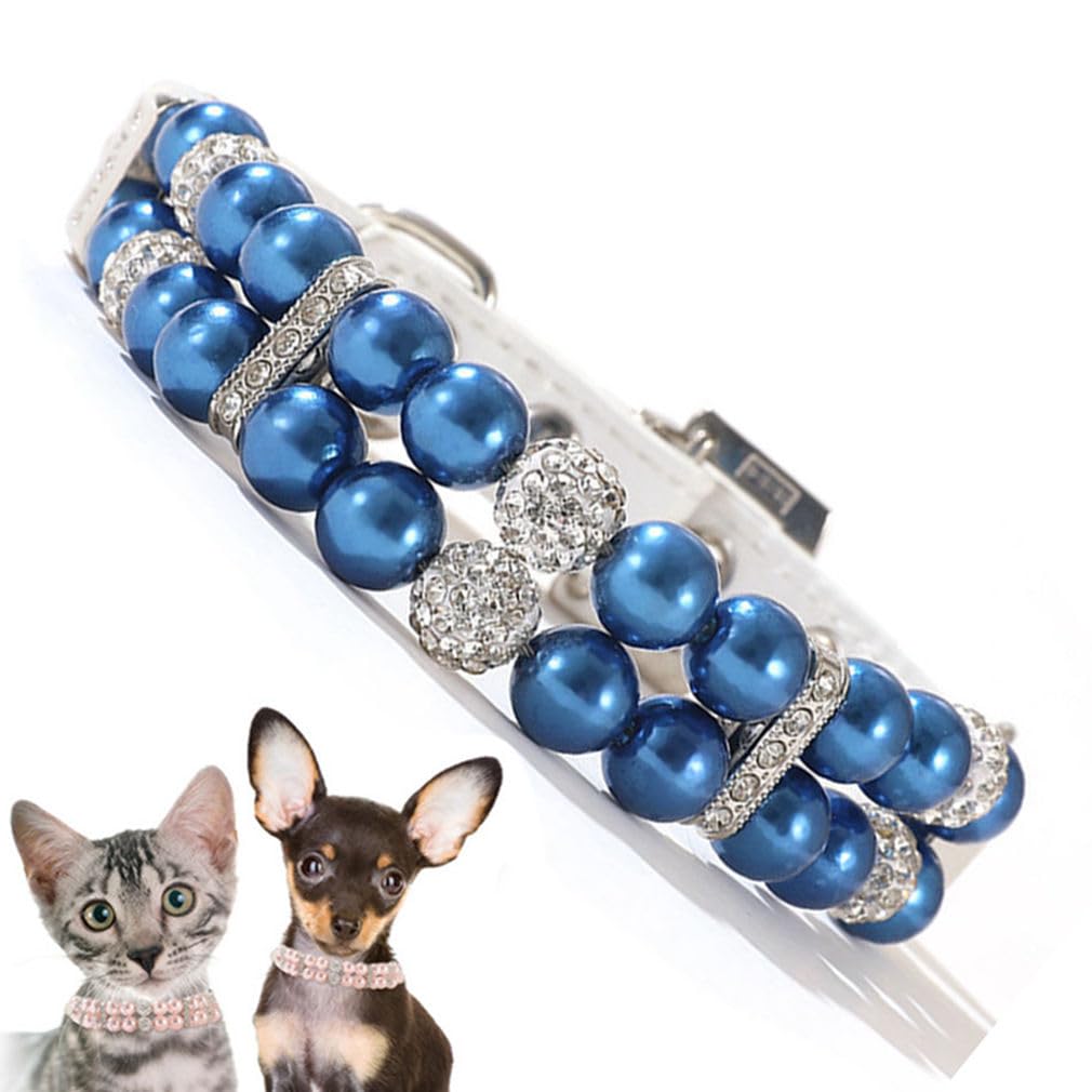 Blue Pearl Dog Collar, Fancy Crystal Bling Pearl Puppy Collar Rhinestone Luxury Beaded Necklace Diamond Girl Pet Jewelry For Xs 