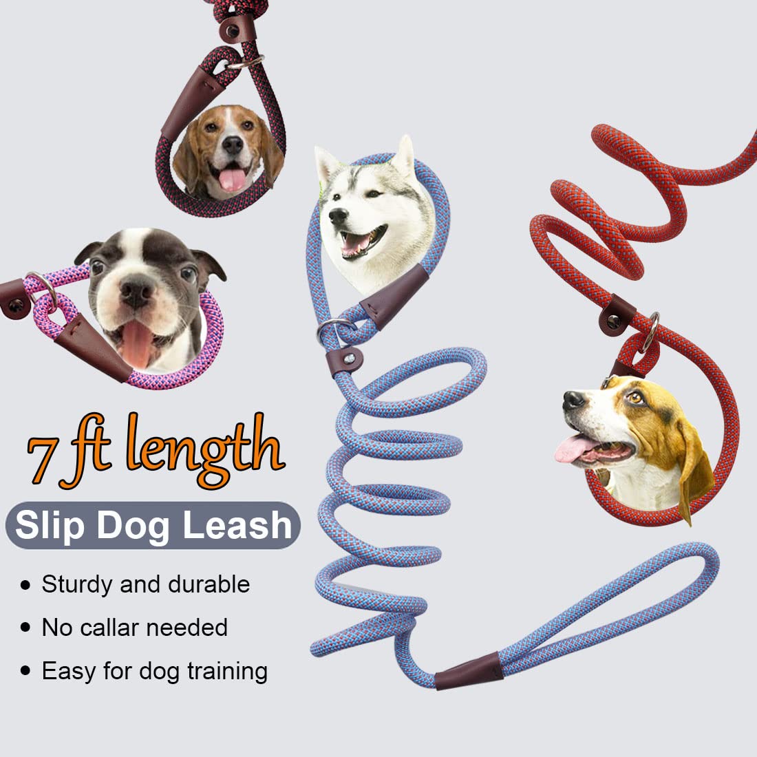 BTINESFUL 7FT Slip Lead Dog Leash, Strong Nylon Rope Leash, 1/4 & 1/2 inch Diam Dog Training Lead for Small Medium Large Dogs