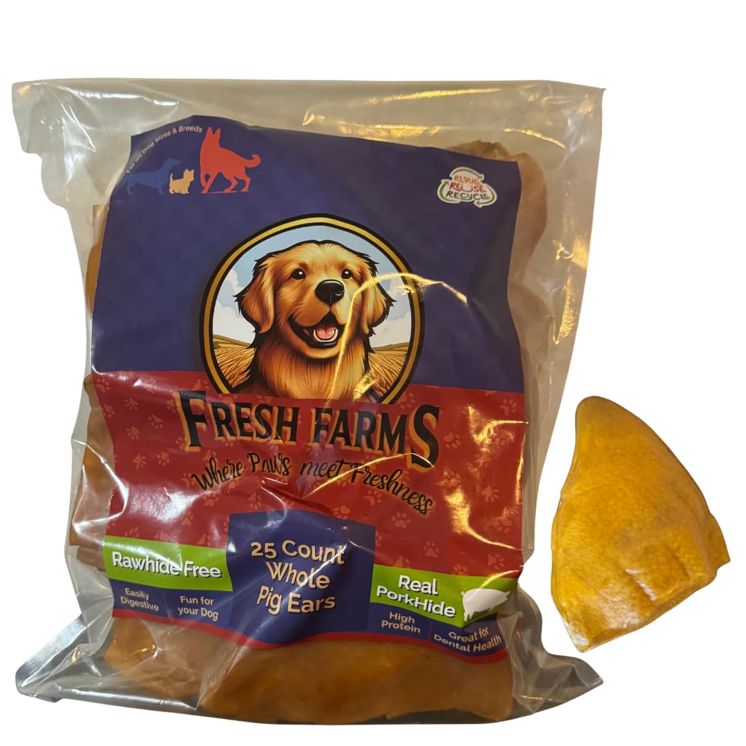 Fresh Farms 25 Pack Pig Ears Shaped Chews - Natural Single Ingredient Chews for All Breeds and Sizes - Thick, Tasty, Rawhide Fre