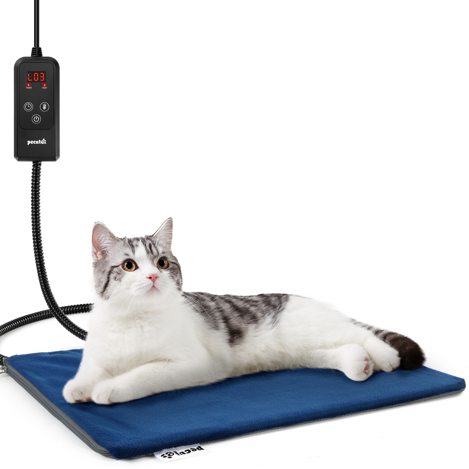 Pecute Cat Heating Pad Indoor - 6 Adjustable Temperature With Timer, Dual-Resistant Cable, Waterproof Layer, Heated Bed Mat Blan