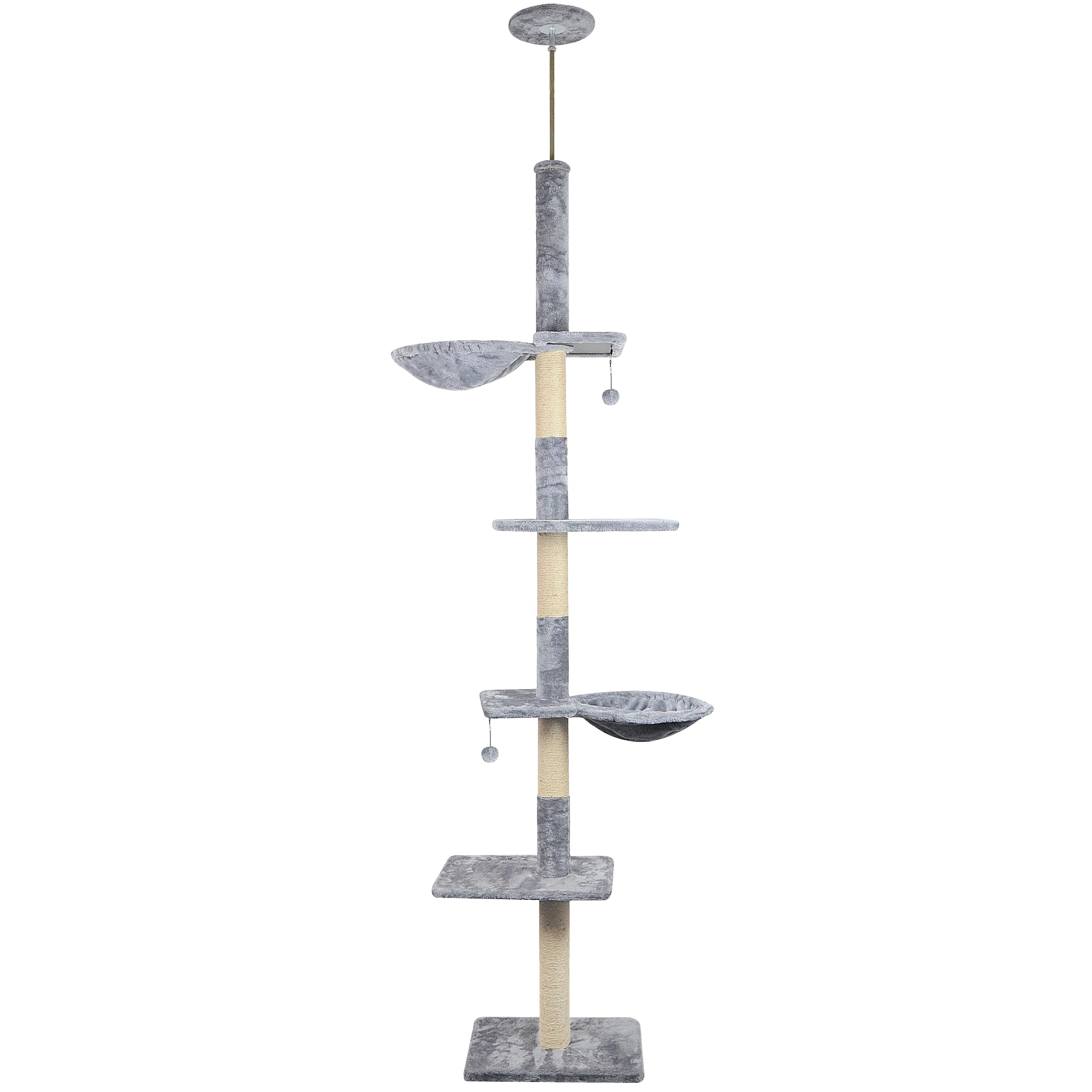 Roypet Adjustable 93'-116' Tall Cat Climbing Tree 5-Tier Kitty Activity Center Floor-To-Ceiling Cat Climber Toy With Hanging Hammock And Scratching Posts Cat Furniture,Grey