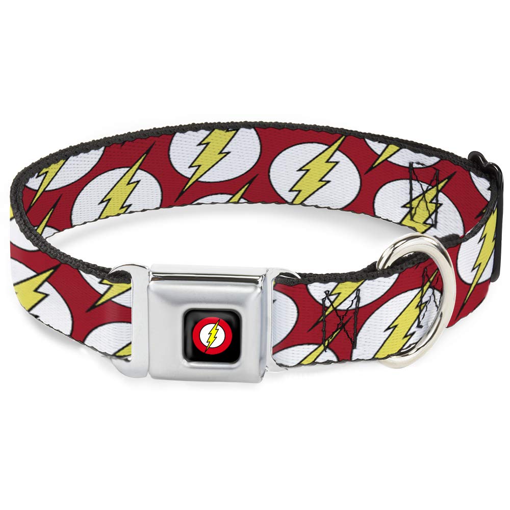 Buckle-Down Dog Collar Seatbelt Buckle Flash Logo Scattered Red White Yellow 11 To 17 Inches 1.0 Inch Wide
