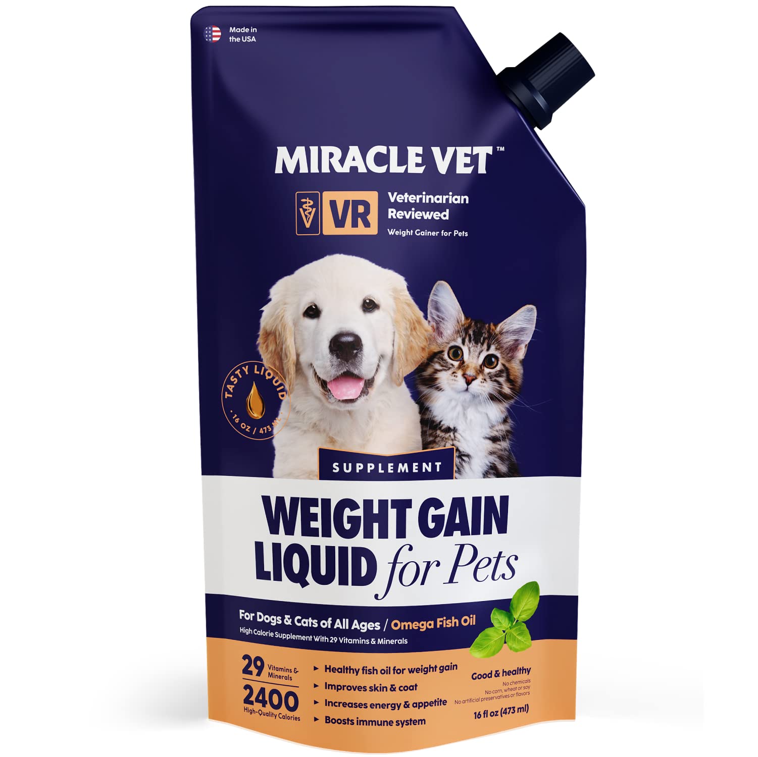 Miracle Vet High-Calorie Weight Gainer for Dogs & Cats - Multivitamin Nutritional Supplement Gel, Omega Fish Oil, Calcium - Pupp