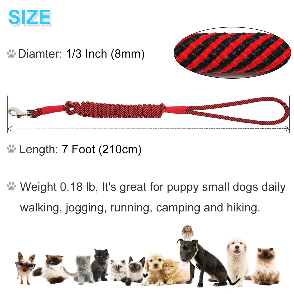 Boswany Small Dog Leash 7Ft, Lightweight Nylon Rope Leash For Puppy Pets, Cats, Small Animals Medium Dogs Walking, Red