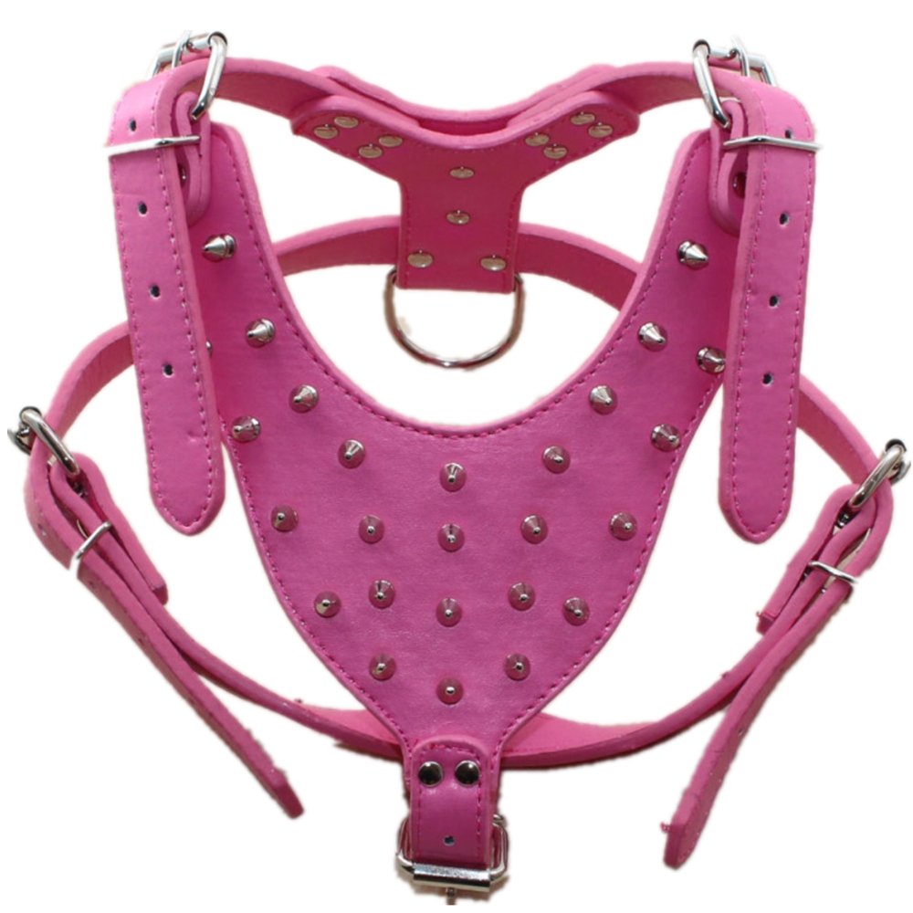 Haoyueer Leather Spiked Studded Medium & Large Dog Collars, Harnesses & Leashes 3Pcs Matching Set For Pit Bull,Mastiff, Boxer, Bull Terrier(Hot Pink,L)