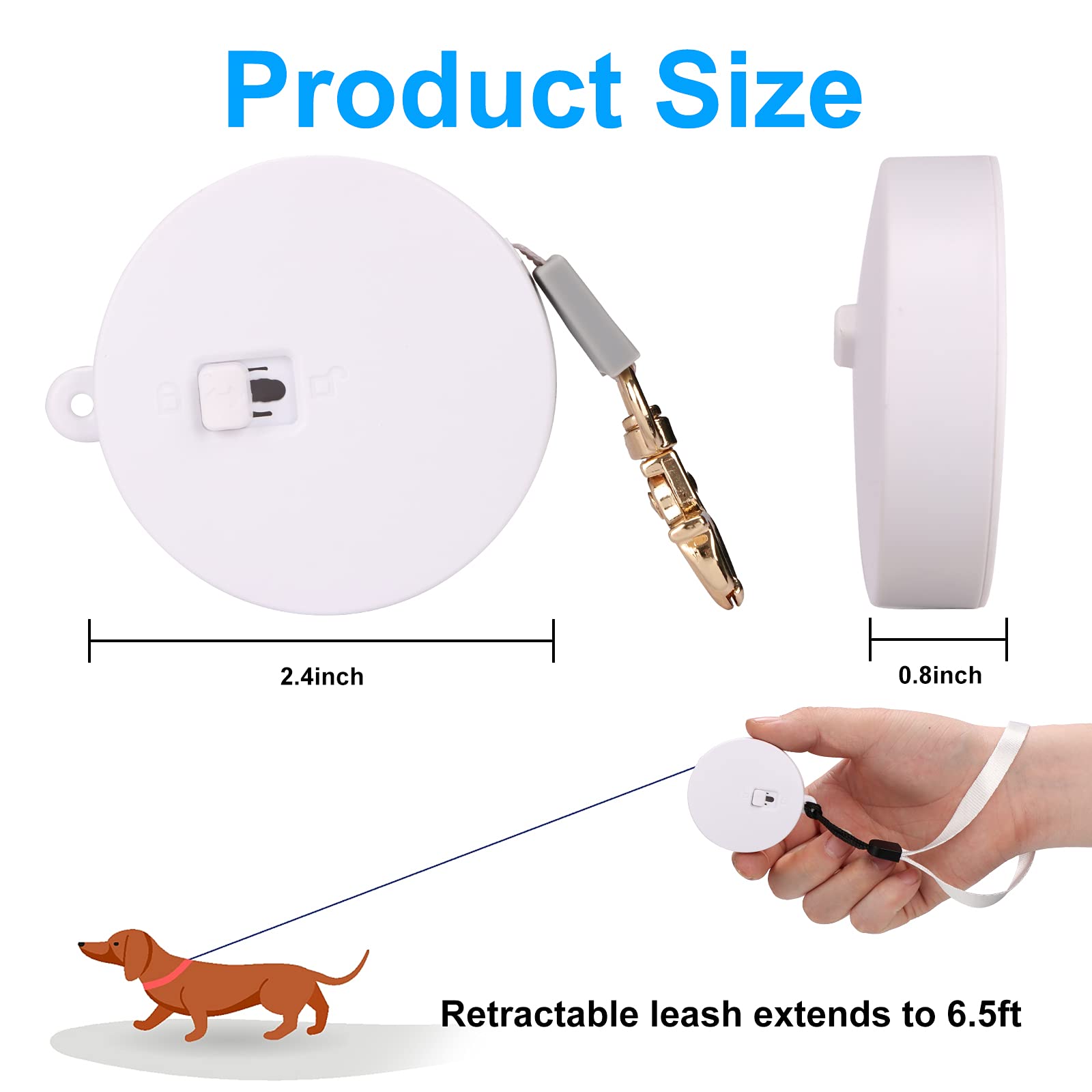 Retractable Dog Leash For Small Dogs Cats Up To 11Lbs With 6.5Ft Anti-Pull Strong Nylon Tape, Hands Free, Mini And Portable Walking Leash With Wrist Strap, One-Hand Brake, White Round