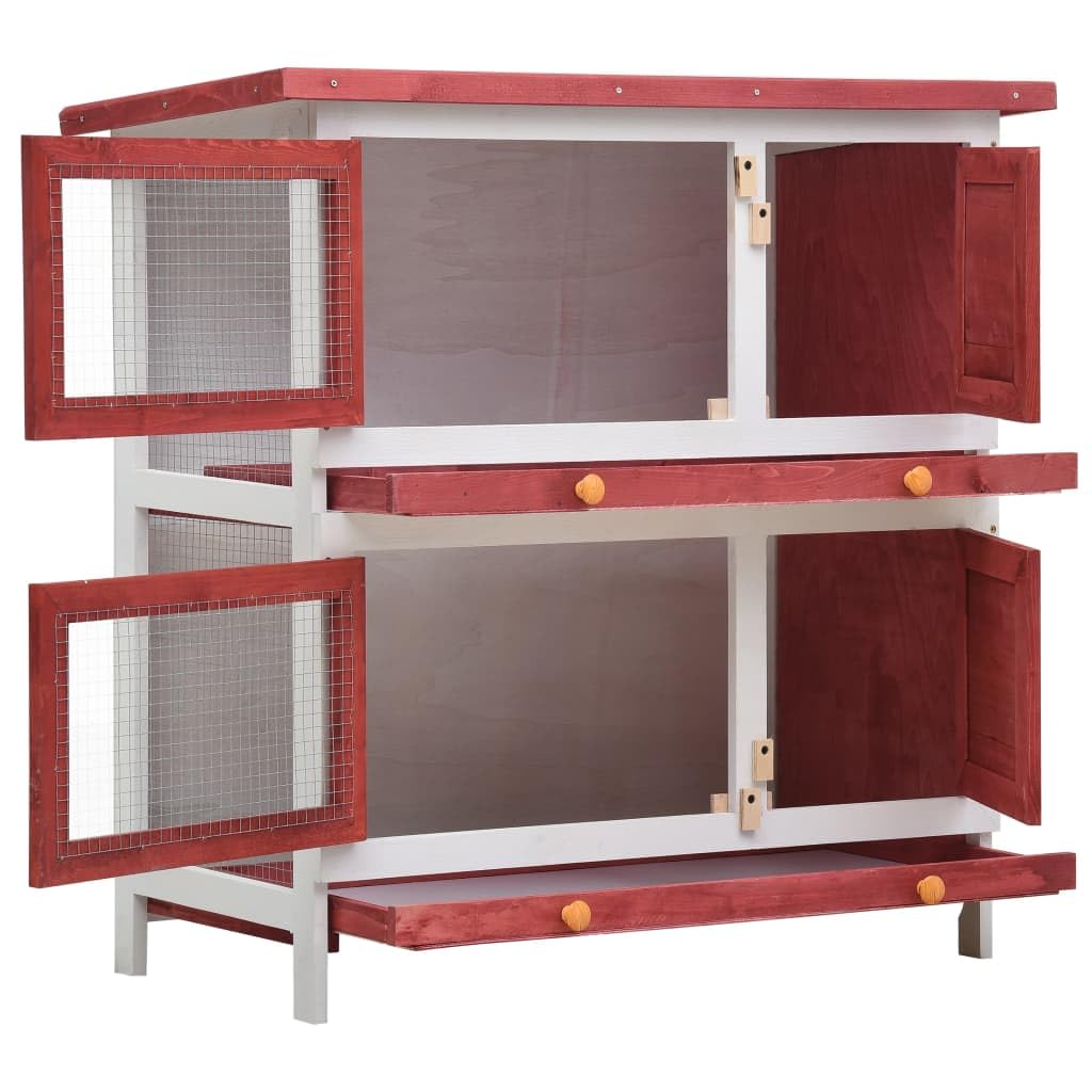 'vidaXL Outdoor Red Wooden Rabbit Hutch with 4 Doors, Iron Wire Mesh and Two Layers- Durable, Spacious, and Weather-Resistant Pet Shelter