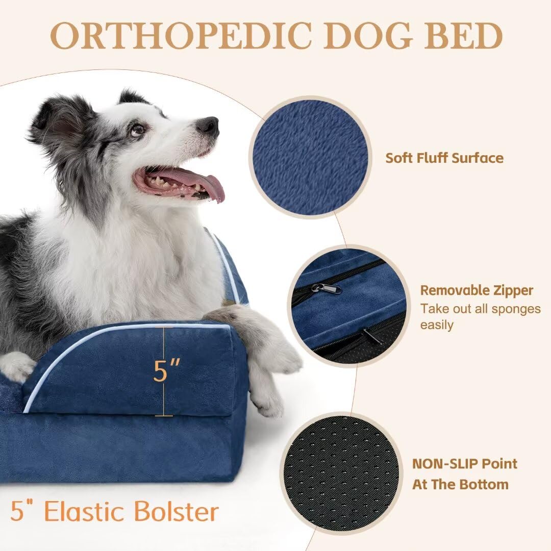 Comfort Expression Extra Large Dog Bed, Waterproof Orthopedic Foam Bed With Bolster, Washable Sofa Pet Bed With Removable Cover & Non-Slip Bottom (X-Large, Navy Blue)