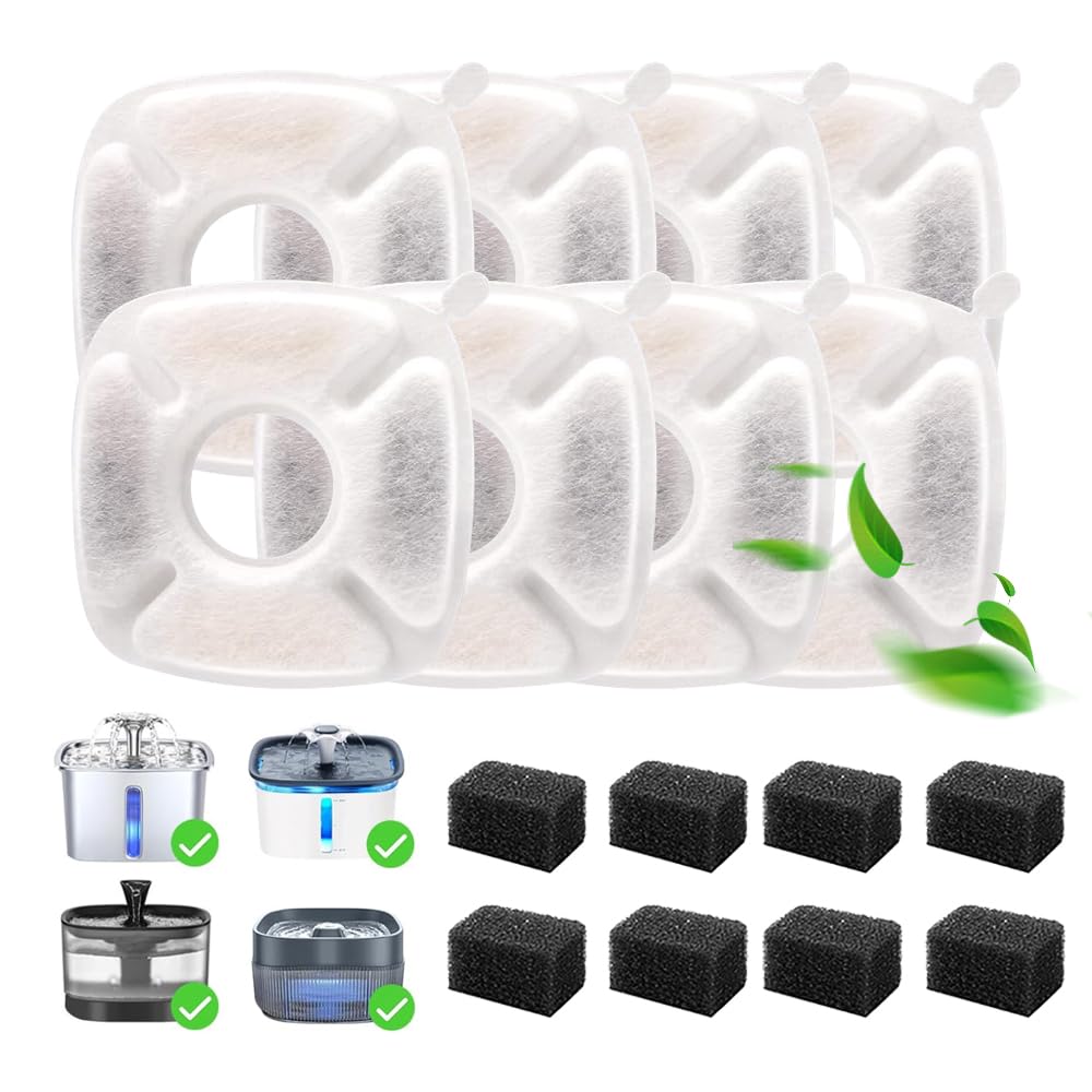16 Pcs Cat Fountain Replacement Filters,8 Pack Cat Water Fountain Filters And 8 Pack Pre-Filter Sponges for 67oz, 95oz, 135oz Au