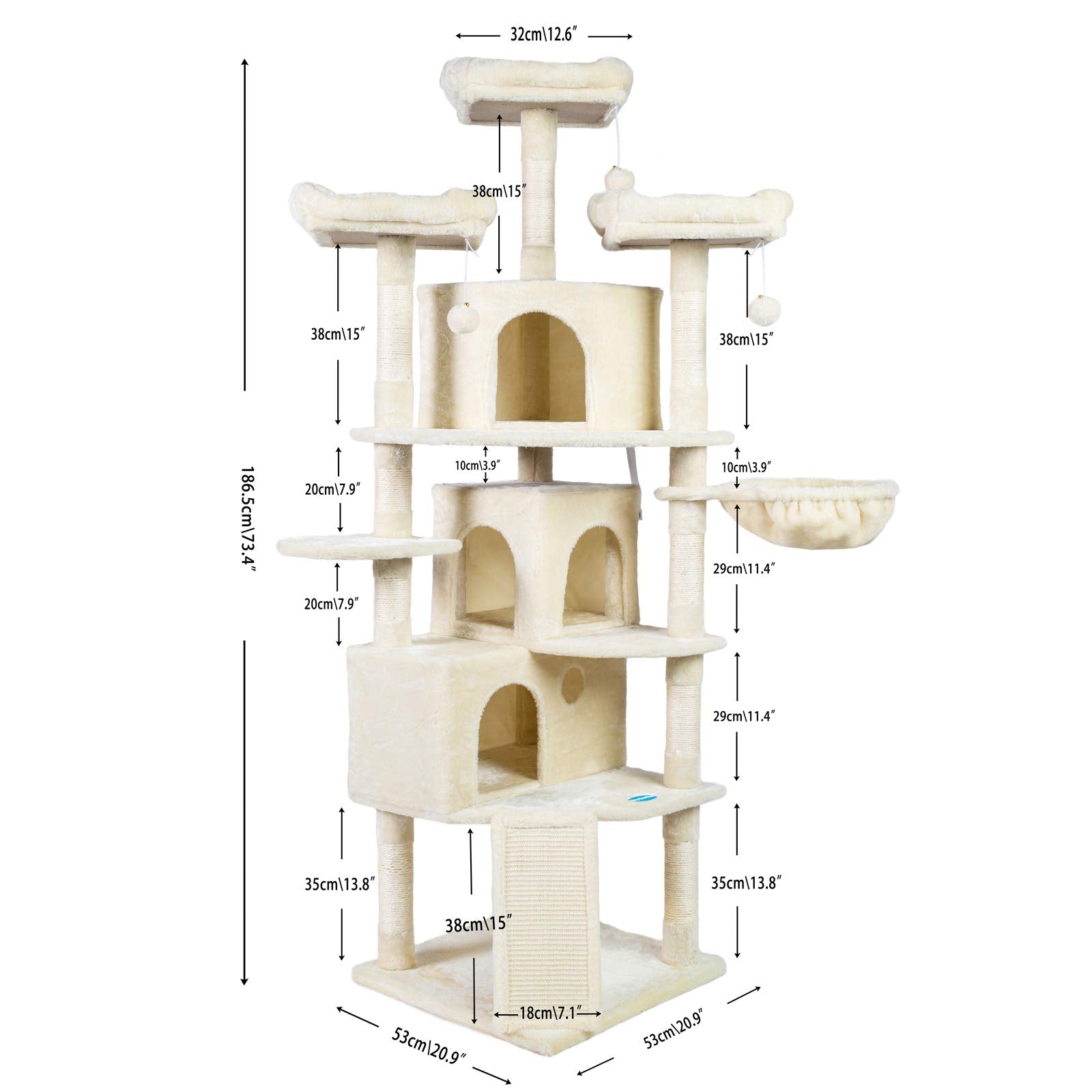 Hey-Brother Xl Size Cat Tree, 73.4 Inch Cat Tower With 3 Caves, 3 Cozy Perches, Scratching Posts, Board, Activity Center Stable For Kitten/Big Cat, Beige Mpj032M