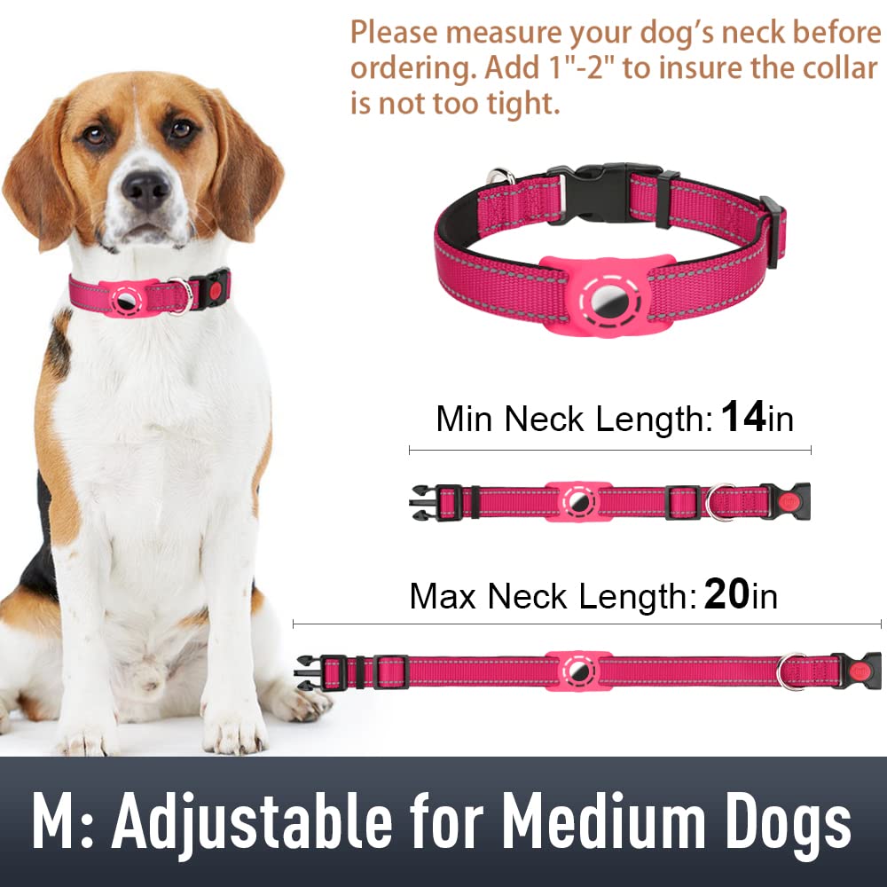 Erbine Airtag Dog Collar For Medium Dogs, Reflective Dog Collars With Airtag Holder, Soft Padded & Safety Locking Buckle, Nylon Pet Collar Adjustable For All Breeds, Hotpink