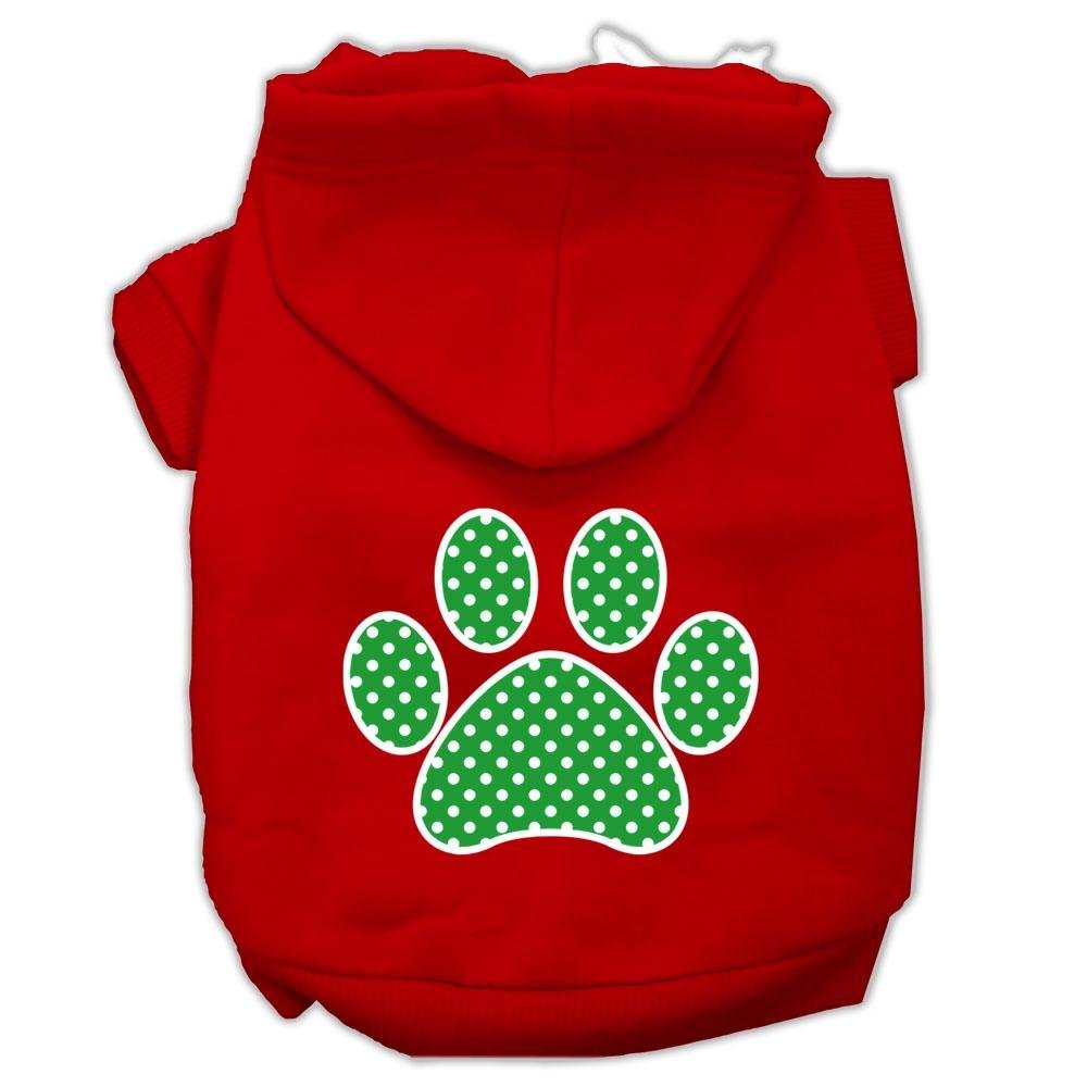 Pet Dog & Cat Hoodie Screen Printed, 'Green Swiss Dots Paw' Red Lg (10-14 Lbs.)