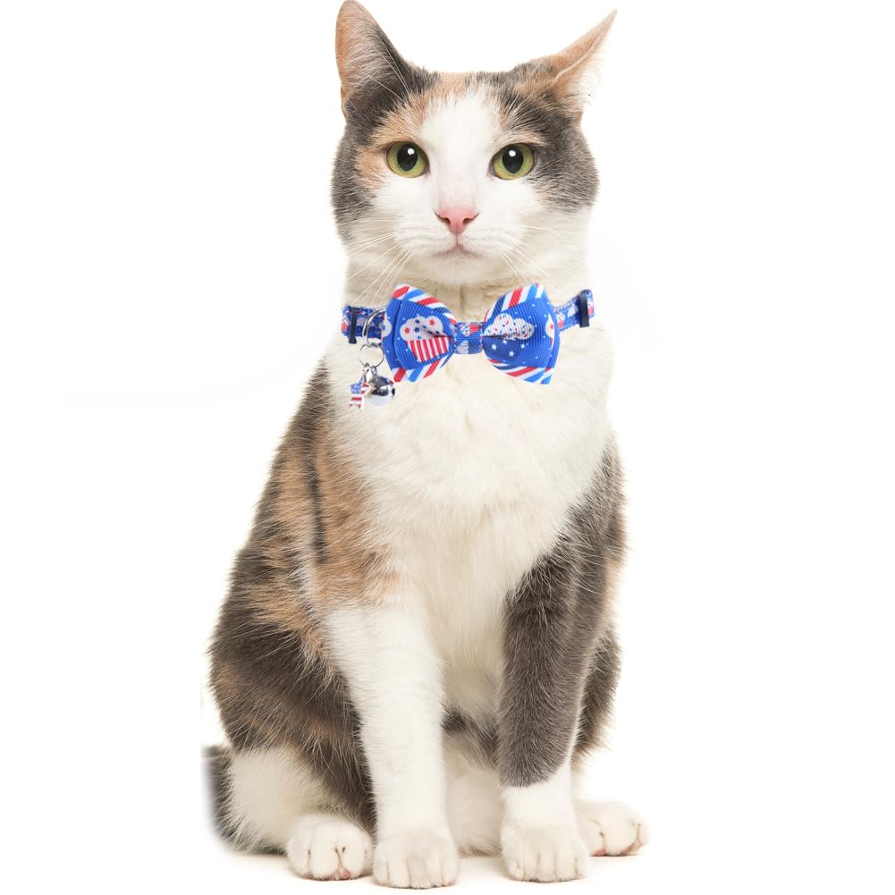 Lamphyface American Flag Cat Collar With Bell Bow Tie Star Breakaway Adjustable For 4Th Of July Independence Day