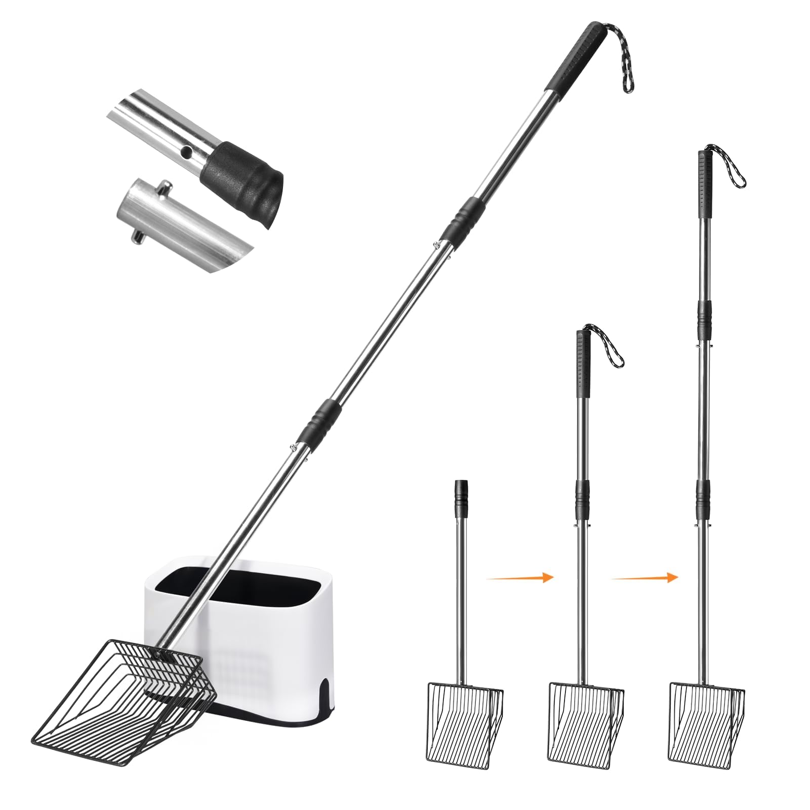 PETOCAT Metal Cat Litter Scoop with Holder, 43 Extendable Long Handle Cat Scooper for Litter Box, Solid & Durable, Deep Shovel f