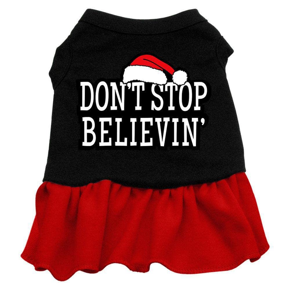 Christmas Pet Dog & Cat Dress Screen Printed, &quot;Don't Stop Believin&quot; Black W/Light Pink SM (3-6 lbs.)