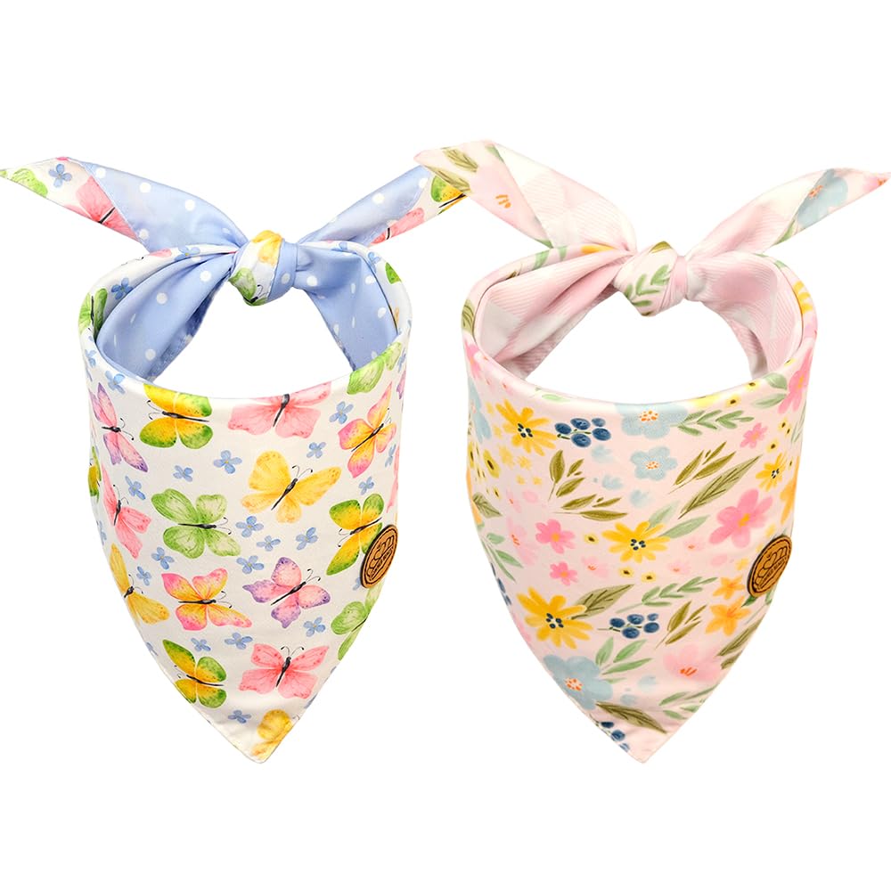 Crowned Beauty Spring Dog Bandanas Reversible Small 2 Pack, Butterfly Blooms Set, Floral Plaid Adjustable Triangle Holiday Scarv