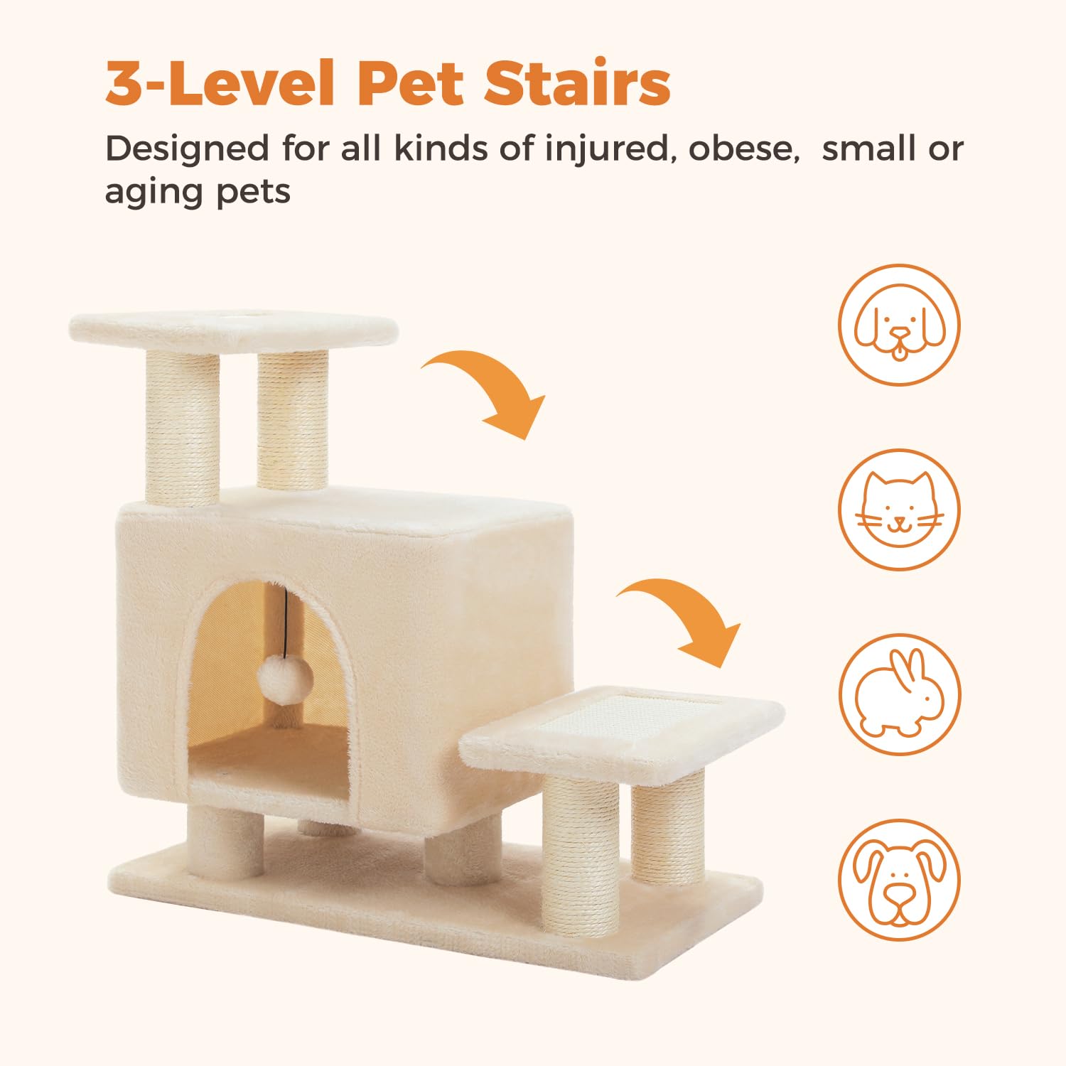 Uymi 3-In-1 Cute Dog Stairs & Cat Scratching Post With Condo, Pet Steps For High Bed, Sofa, Couch, Tall Cat Tower, High-Strength