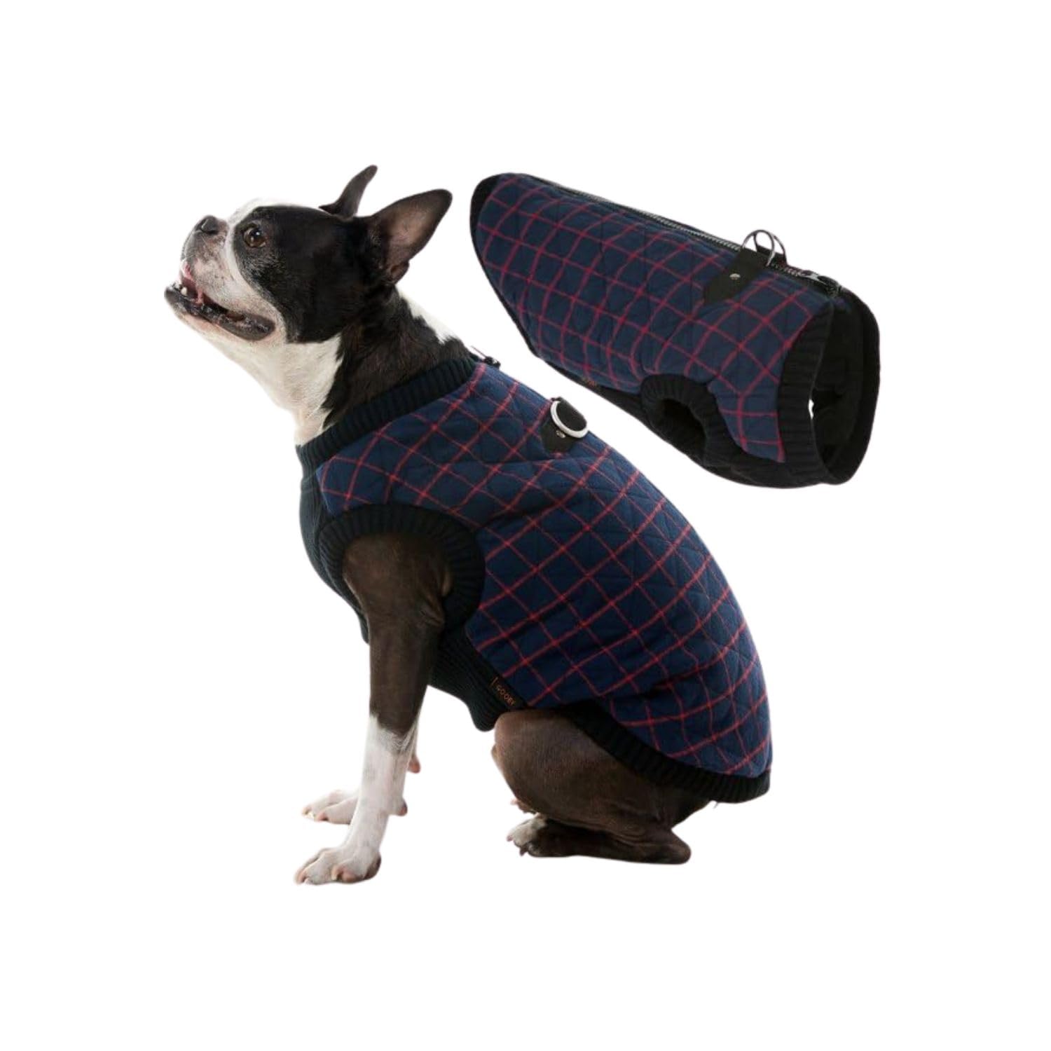 Gooby Fashion Vest Check Dog Jacket - Navy Check, Medium - Warm Zip Up Dog Bomber Vest with Dual D Ring Leash - Winter Water Res