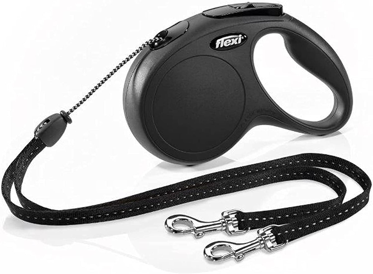 Flexi New Classic Cord Retractable Double Dog Leash For Small Dogs Upto 18 Lbs. – 16 Ft., Black | Tangle Free Pet Walking Leash With One-Handed Brake, Pause, Lock