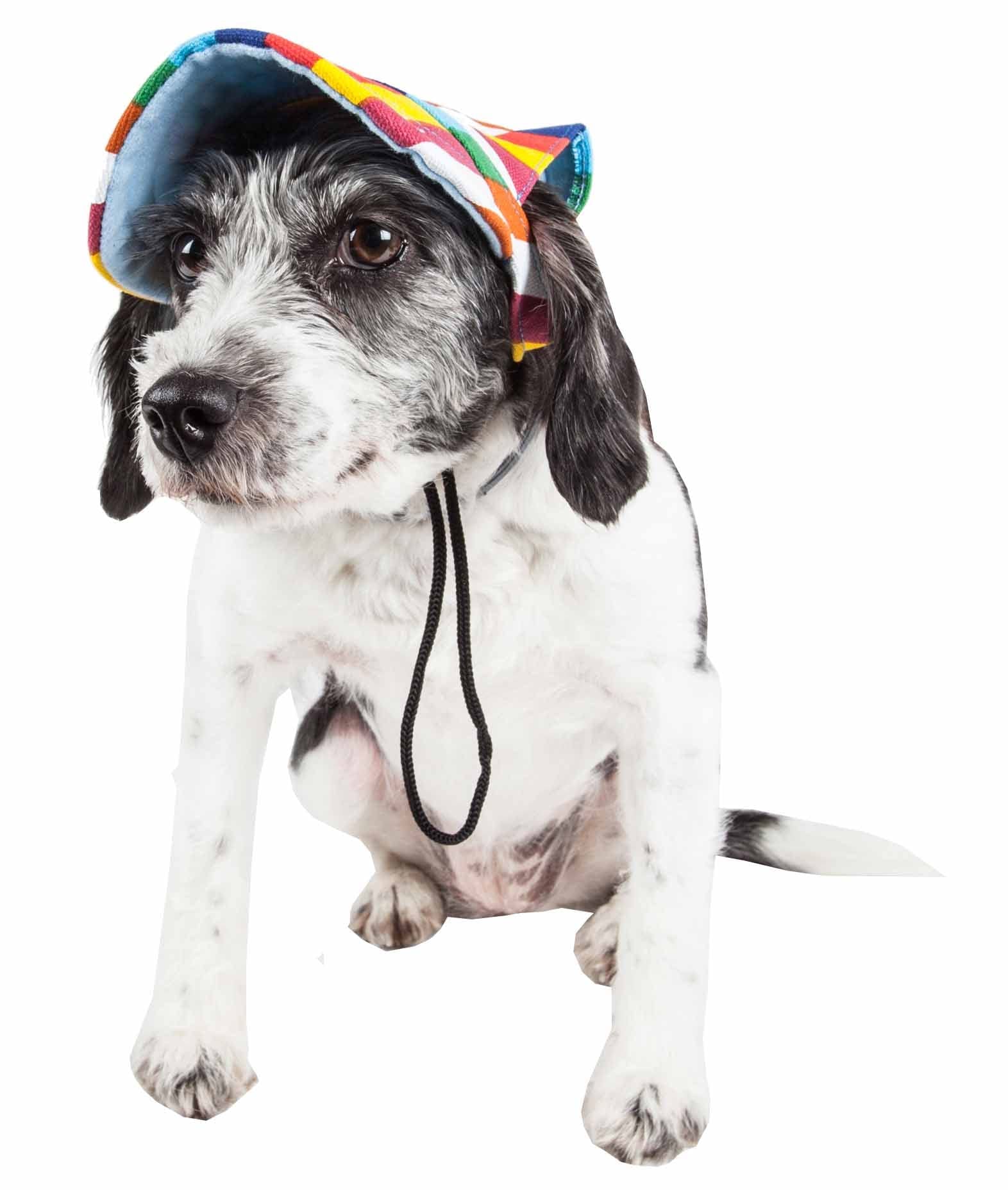 Pet Life ® 'Colorfur' Rainbow Patterned Dog Hat With Uv Coverage Protection - Provides More Shade Than A Dog Banadana - Features Ear Holes And Adjustable Jaw-Strings For Quick Slip-On Access
