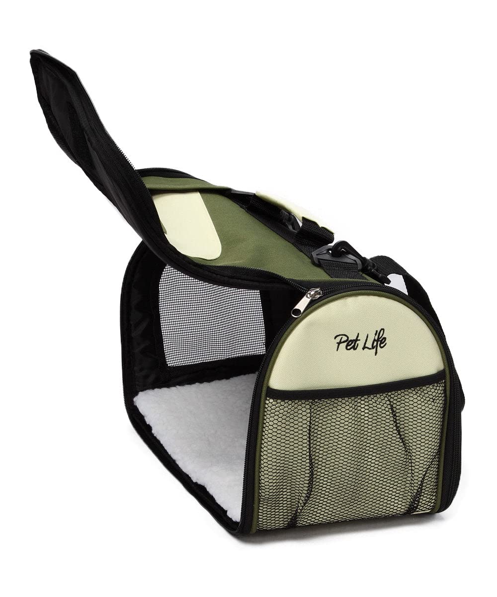 Pet Life Airline Approved Collapsible Zippered Folding Sporty Mesh Travel Fashion Pet Dog Carrier Crate, Medium, Green & Khaki