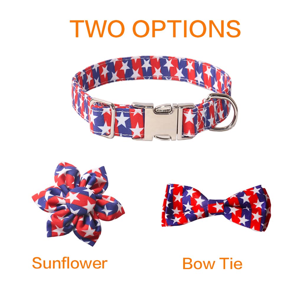 Bnibol 4Th Of July American Flag Dog Collar, Red Blue Flower Bow Tie Dog Collar With Metal Adjustable Buckle,Soft And Comfortabl