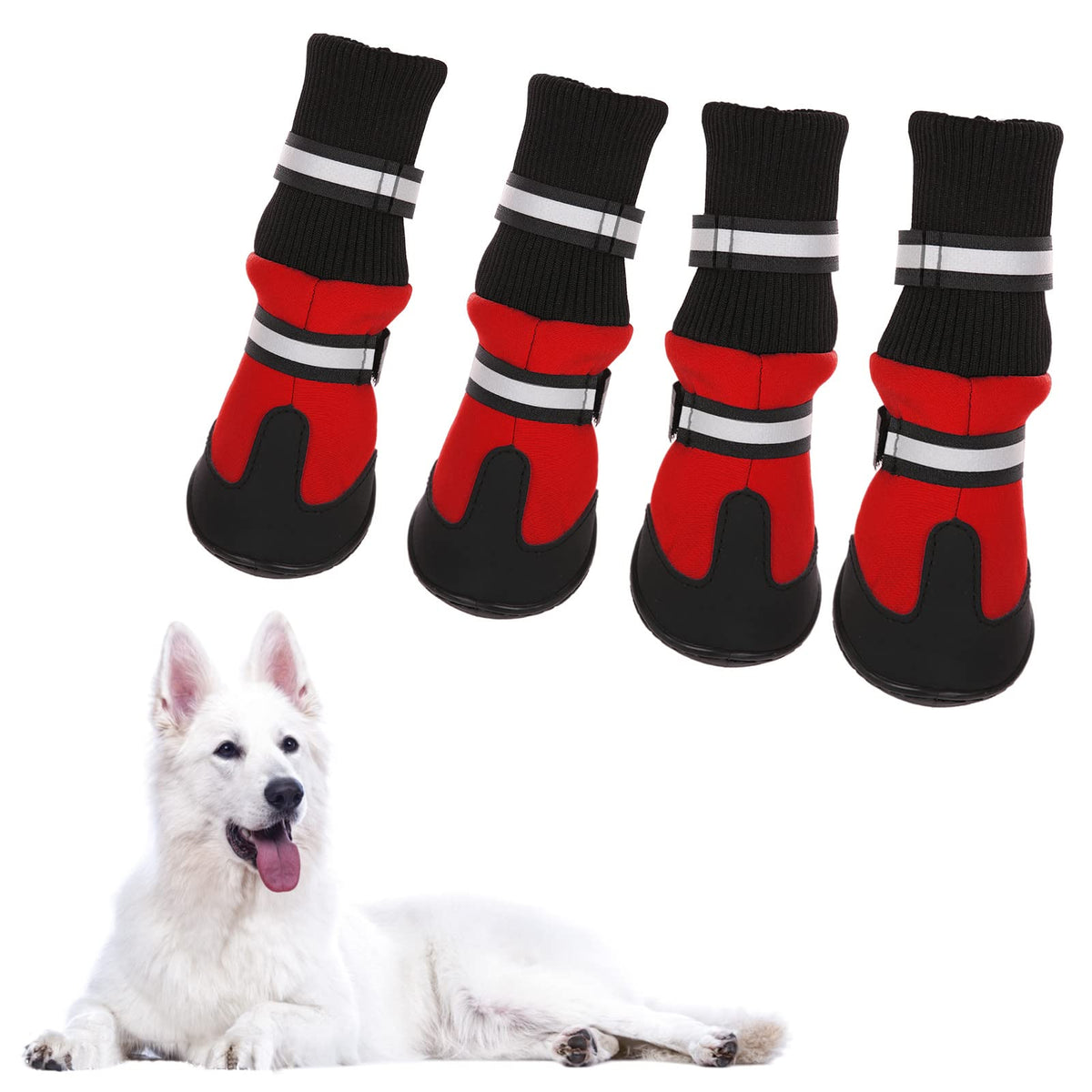 Koeson Waterproof Dog Boots Winter Pet Shoes, Outdoor Pet Snow Booties With Reflective Straps, Cold Weather Paw Protector With Anti-Slip Sole For Medium Large Dogs 4 Pcs Red L