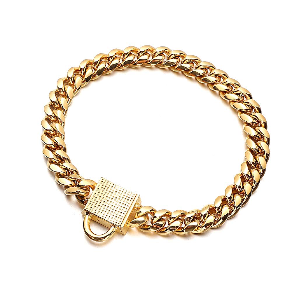 Gold Dog Chain Collar 10Mm Wide Cuban Link Puppy Collar 316L Stainless Steel With Cz Diamond Lock Bling Collar For Large Dogs(10