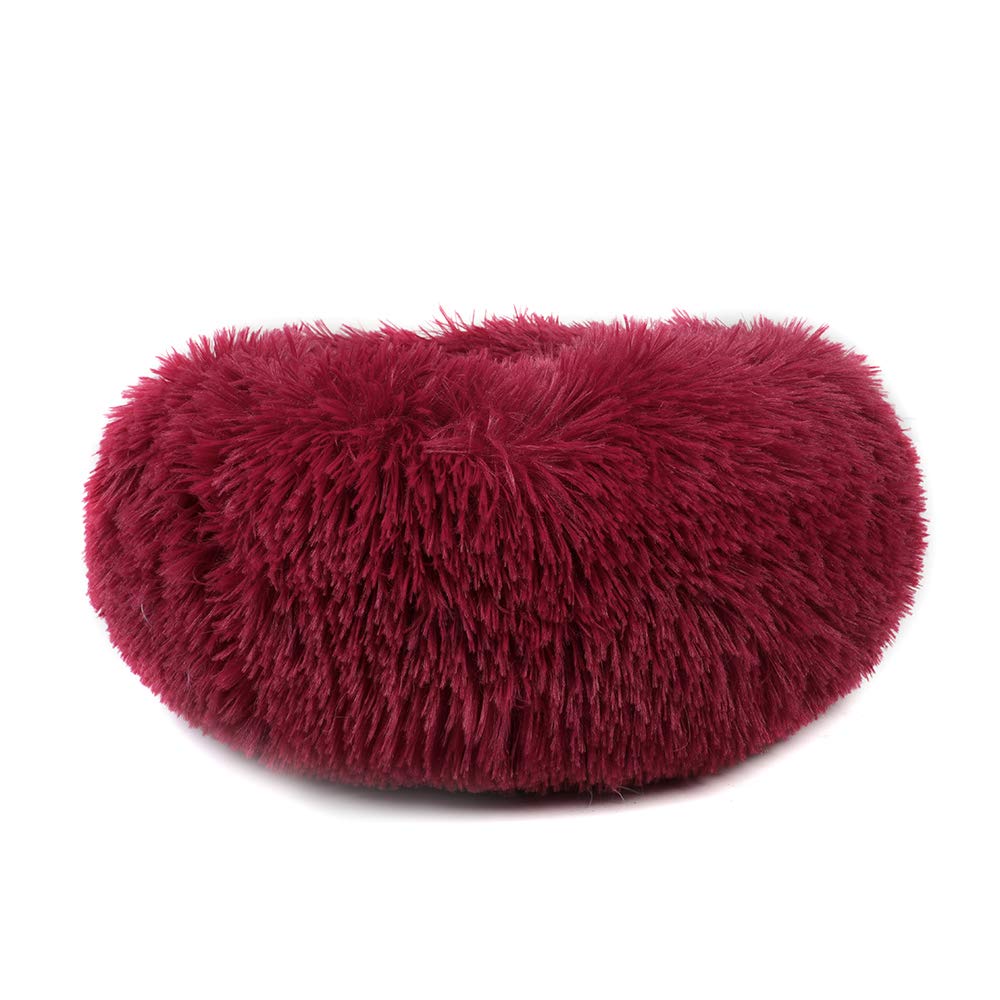 Otoez Round Plush Donut Pet Bed Warm Fur Cuddler Dog Cat Cushion Bed Calming Bed Non-Slip Bottom (15.7', Dark Red)