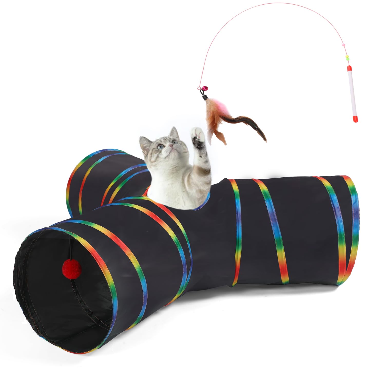 Luckitty Cat Tunnels Tube Toy With Plush Ball & Cat Wand Feather Toys-Portable Tattaff Waterproof Washable-Interesting Geometric